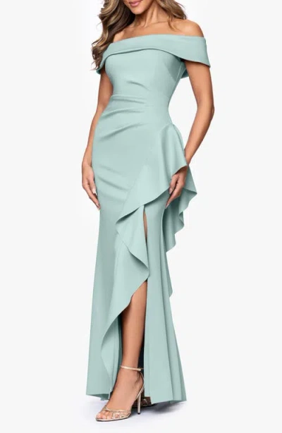 Xscape Evenings Ruffle Off The Shoulder Scuba Knit Gown In Green