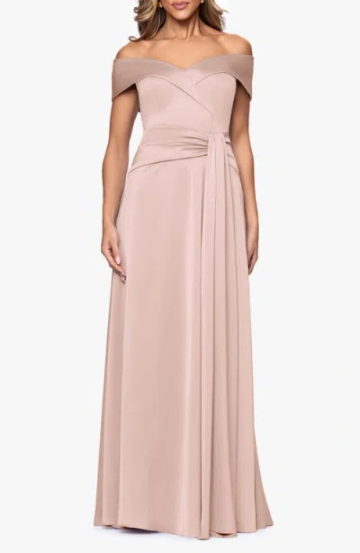 Xscape Evenings Off The Shoulder Hammered Satin Gown In Pink