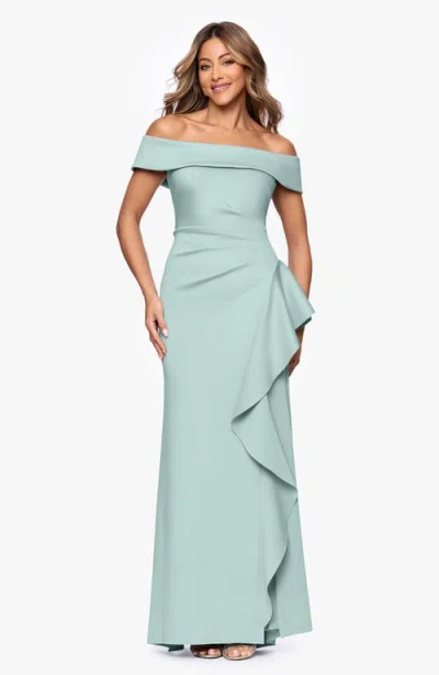 Xscape Evenings Ruffle Off The Shoulder Scuba Knit Gown In Green