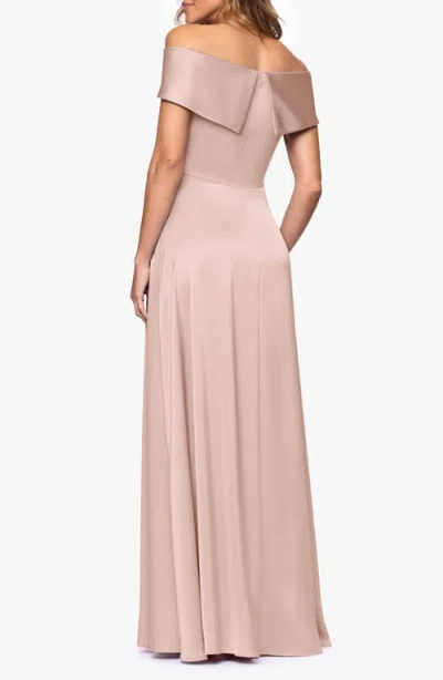 Xscape Evenings Off The Shoulder Hammered Satin Gown In Pink