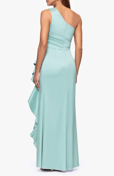 Xscape Evenings Ruffle Detail One-shoulder Mikado Sheath Gown In Green