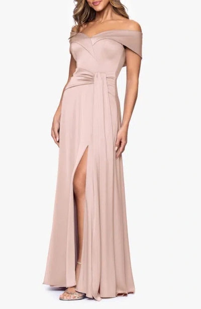 Xscape Evenings Off The Shoulder Hammered Satin Gown In Pink