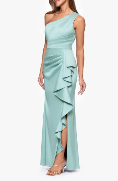Xscape Evenings Ruffle Detail One-shoulder Mikado Sheath Gown In Green