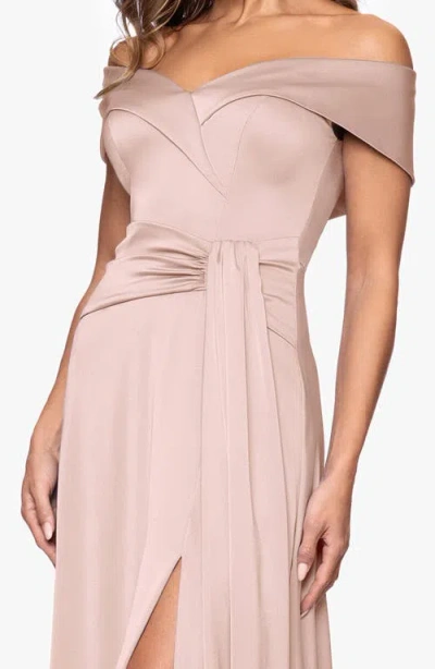 Xscape Evenings Off The Shoulder Hammered Satin Gown In Pink
