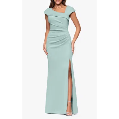 Xscape Evenings Asymmetric Neck Scuba Knit Trumpet Gown In Green