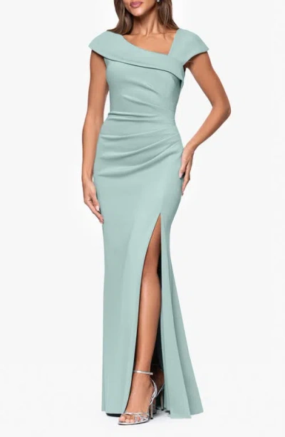 Xscape Evenings Asymmetric Neck Scuba Knit Trumpet Gown In Green