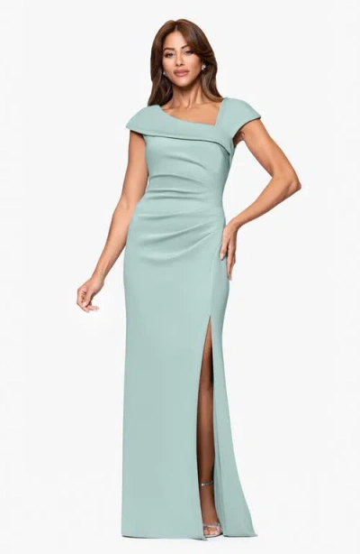 Xscape Evenings Asymmetric Neck Scuba Knit Trumpet Gown In Green