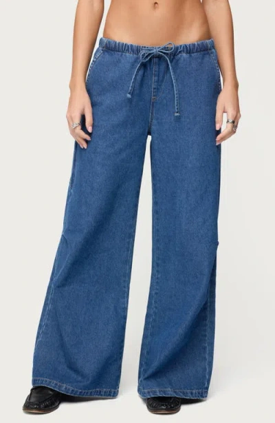 Edikted Vicky Low Rise Wide Leg Drawstring Jeans In Blue