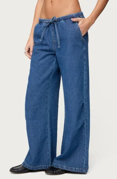 Edikted Vicky Low Rise Wide Leg Drawstring Jeans In Blue