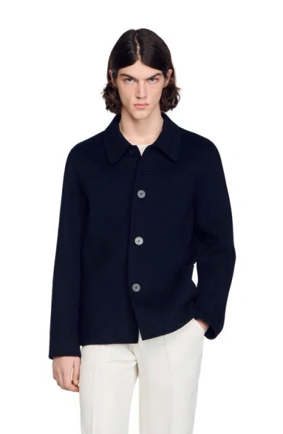Sandro Wool Jacket With Regular Collar In Blue