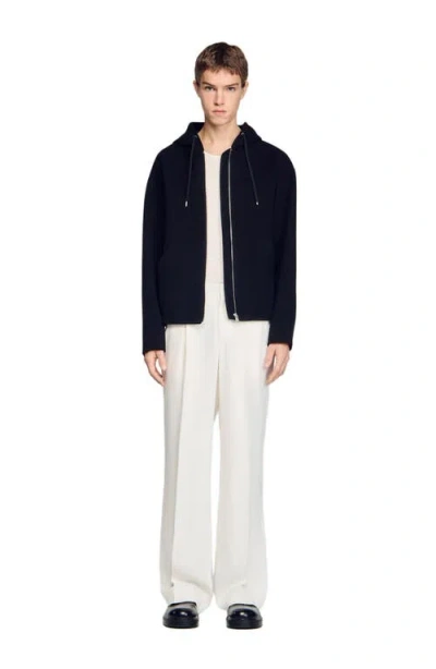 Sandro Hooded Zip-up Wool Jacket In Black