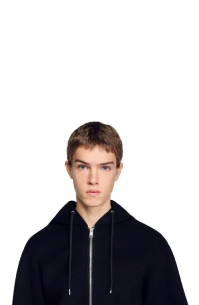 Sandro Hooded Zip-up Wool Jacket In Black