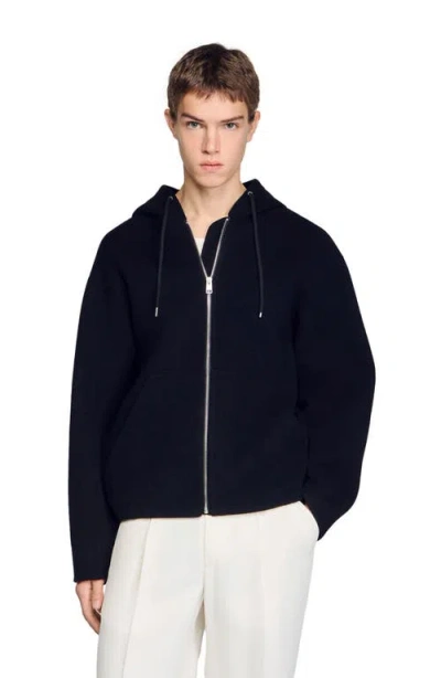 Sandro Hooded Zip-up Wool Jacket In Black