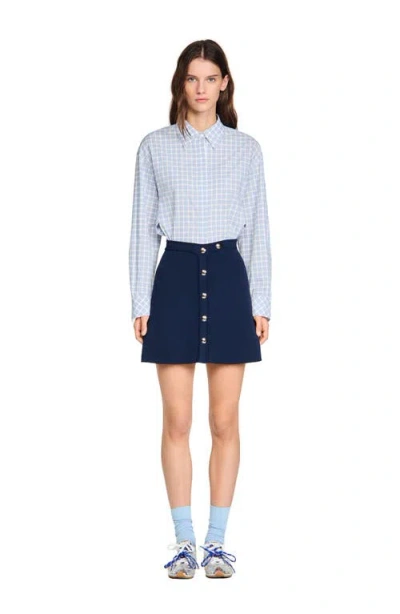 Sandro Short Ribbed Skirt With Press Studs In Blue