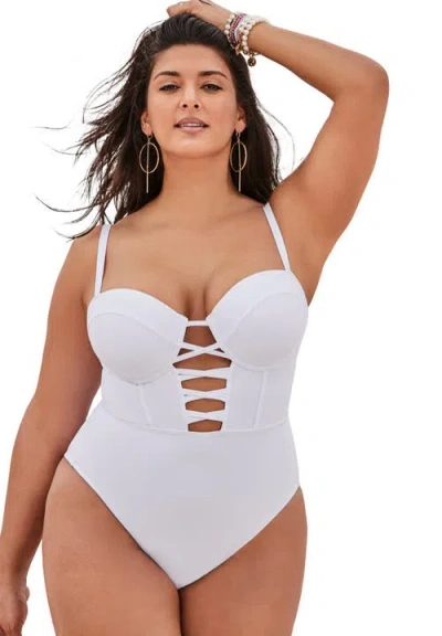 Swimsuits For All Underwire Lace Up One Piece Swimsuit In White