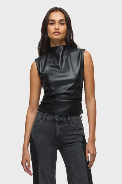 Hudson Jeans Vegan Leather Top W/ Side Seam Ruching In Black