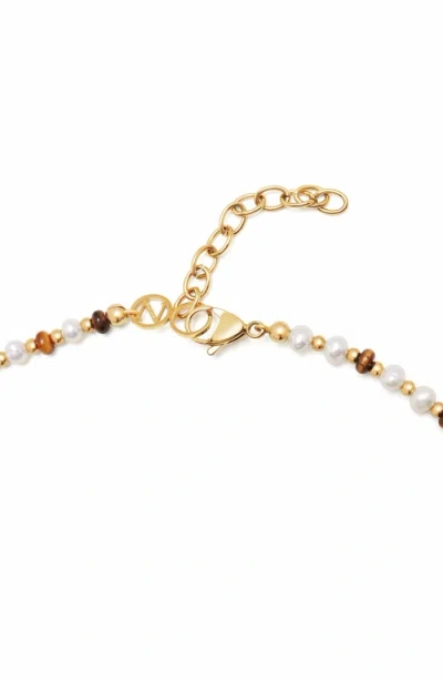 Nialaya Mini Beaded Pearl Tiger Eye Choker In Multi