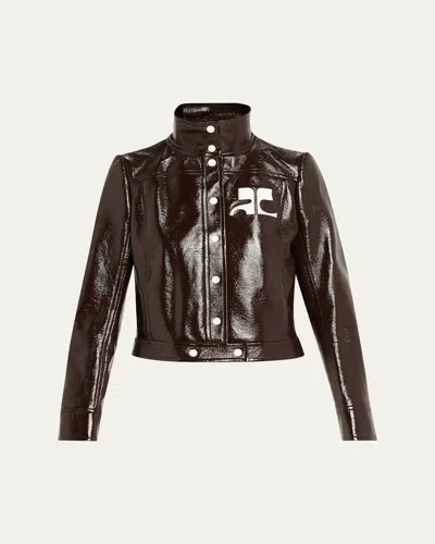 Courrèges Vinyl Blazer With Collared Neck And Long Sleeves In Brown