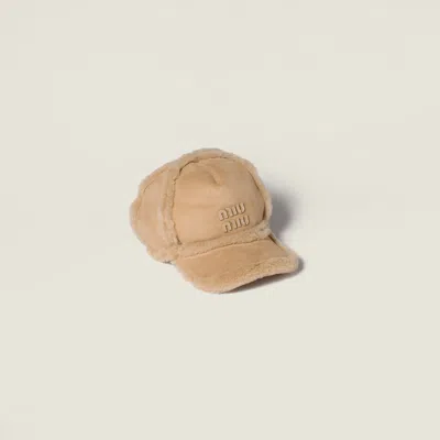 Miu Miu Shearling Baseball Cap In Brown