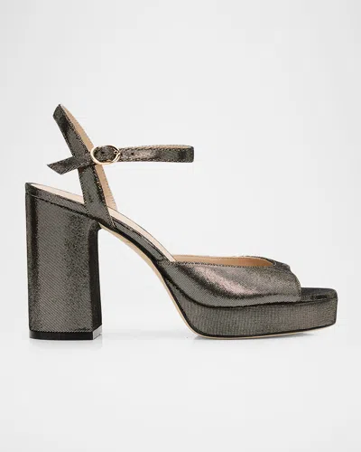 Stuart Weitzman Dayna Ii Leather Noir Ankle-strap Platform Sandals In Metallic