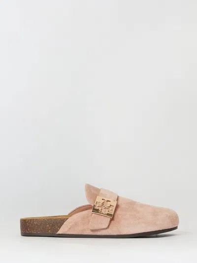 Tory Burch Mellow Metal-logo Suede Mules In Pink