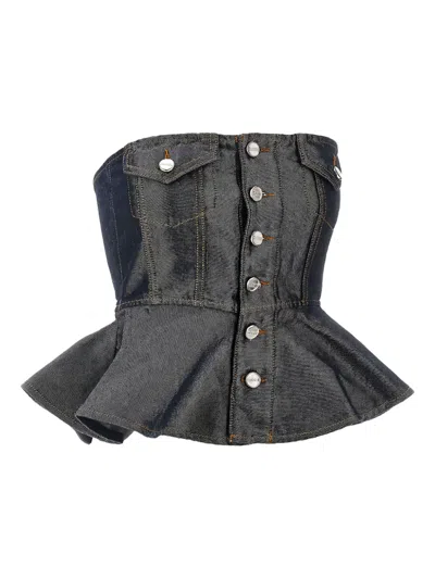 Ganni Etallized Denim Top In Gray