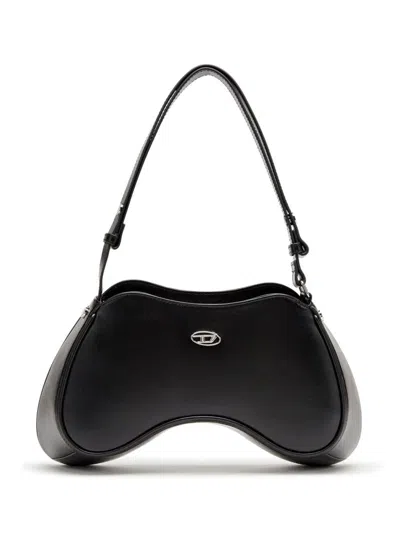 Diesel Play-semi Gloss Leather Shoulder Bag In Black