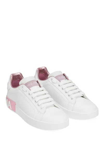 Dolce & Gabbana Portofino Leather Sneakers In White And Pink In Multi