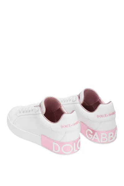 Dolce & Gabbana Portofino Leather Sneakers In White And Pink In Multi