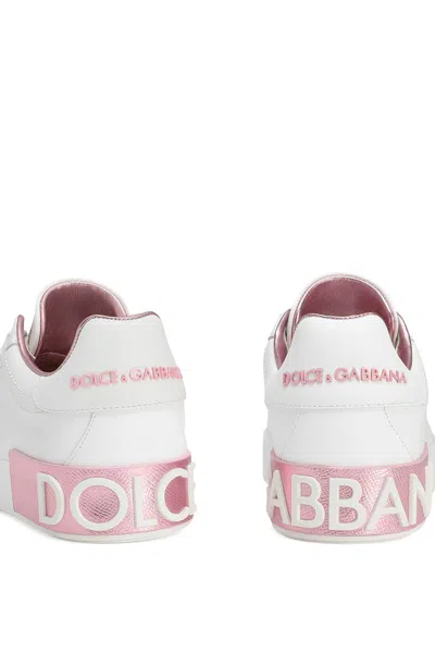 Dolce & Gabbana Portofino Leather Sneakers In White And Pink In Multi