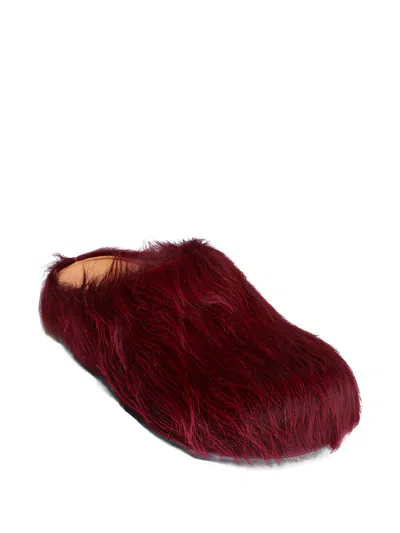 Marni Calf-hair Mules In Burgundy