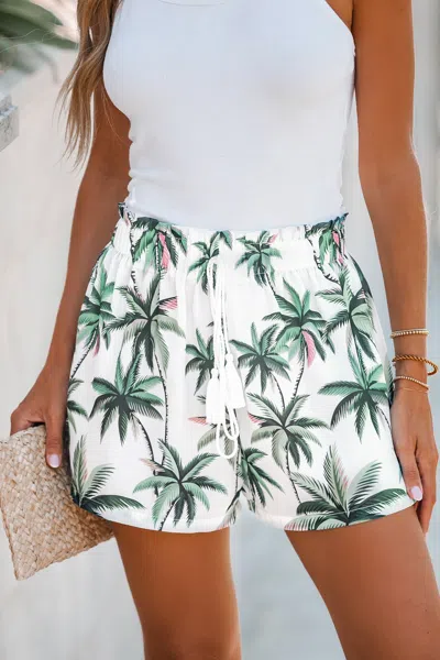 Cupshe Palm Tree Print Drawstring Shorts In White