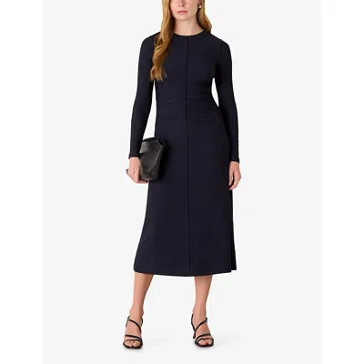 Whistles Womens Navy Ruched Long-sleeve Stretch-jersey Midi Dress In Black