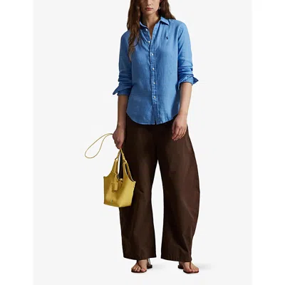 Polo Ralph Lauren Womens Blue Brand-embroidered Long-sleeved Linen Shirt In Blue