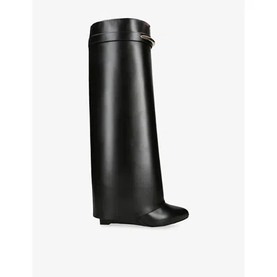 Givenchy Women Black Sandals With Logo Plaque On The Front And High Wedge Heel In Leather Woman In Black
