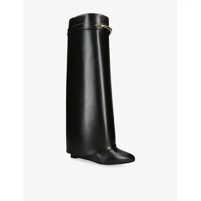 Givenchy Women Black Sandals With Logo Plaque On The Front And High Wedge Heel In Leather Woman In Black