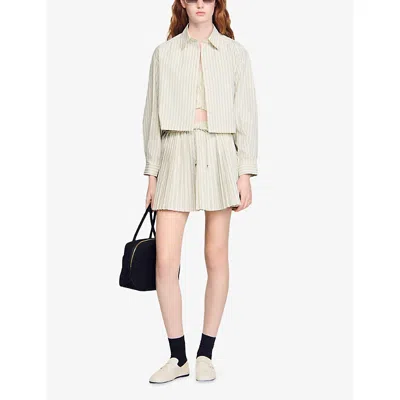 Sandro Womens Ecru Striped Rhinestone-embellished Cotton-blend Shirt In Animal Print