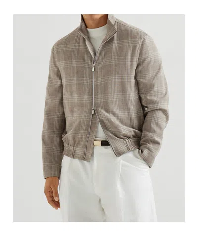 Brunello Cucinelli Tartan Stand Collar Jacket In Brown