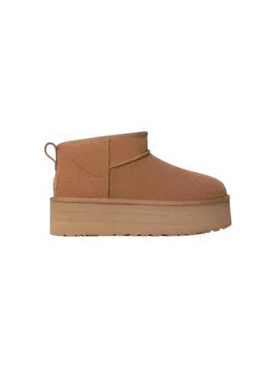 Ugg Ultramini Beige Boots With Platform In Suede Woman In Brown