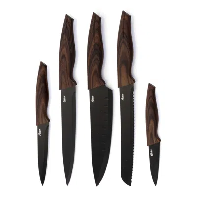 Oster Godfrey 5 Piece Stainless Steel Black Cutlery Set With Wood Print Handles In Brown