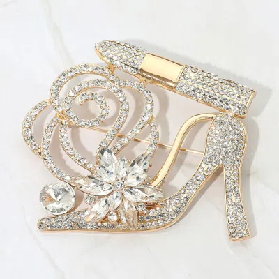 Fashnzfab Rhinestone Embellished Flower Accent Glam High Heel Lipstick Pin Brooch In Multi