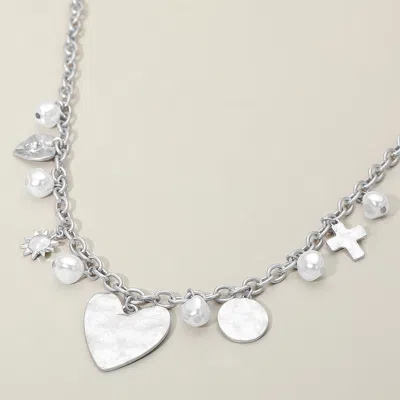 Fashnzfab Brushed Metal Heart Cross Pearl Charm Station Chunky Necklace - Cream, Worn Silver In Multi