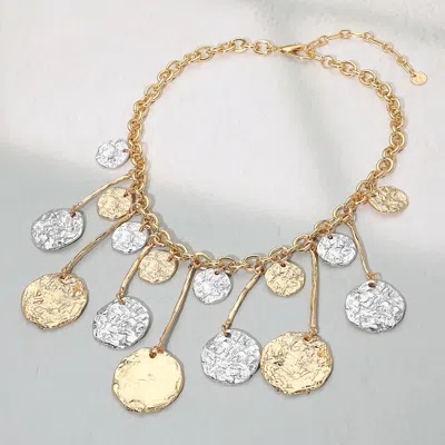 Fashnzfab Hammered Metal Mixed Coin Drop Dangle Statement Necklace - Gold, Rhodium In Multi