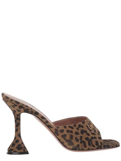 Amina Muaddi Leopard Suede Flat Square Open Toe 95 Mm Heel Sandals In Brown