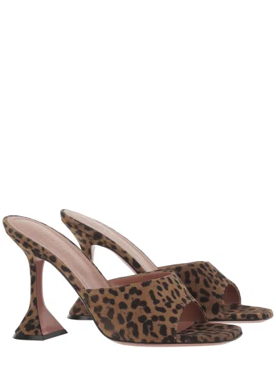 Amina Muaddi Leopard Suede Flat Square Open Toe 95 Mm Heel Sandals In Brown