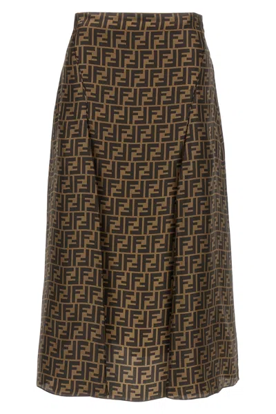 Fendi Women Embroidered Silk Skirt In Brown