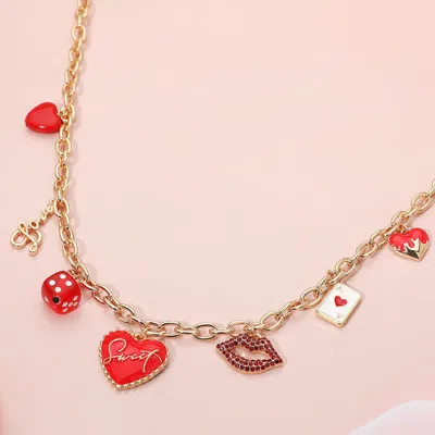 Fashnzfab Sweetheart Love Lips Card Dice Charm Station Necklace - Dark, Gold, Red In Multi