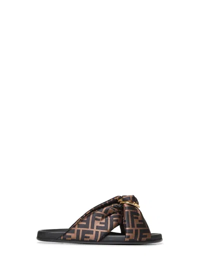 Fendi Brown Ff Satin Slides In Brown