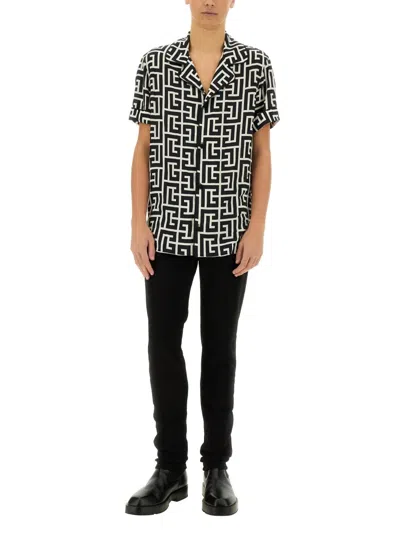 Balmain Monogram Printed Short-sleeved Shirt In Black