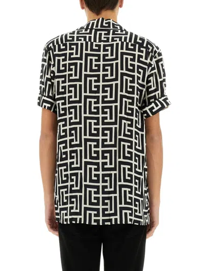 Balmain Monogram Printed Short-sleeved Shirt In Black